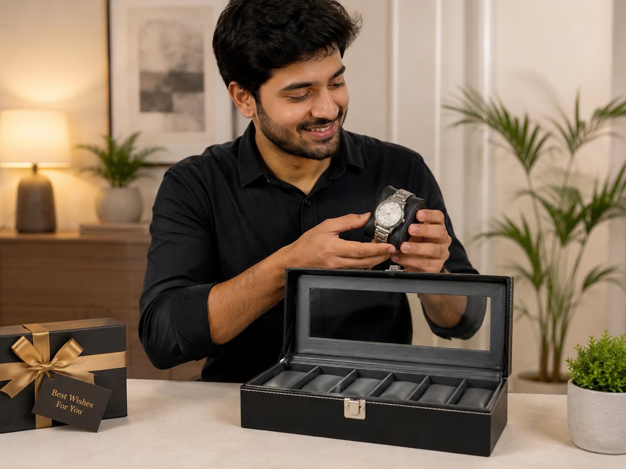 Premium Wooden 6 Slot Watch Box with Glass Lid