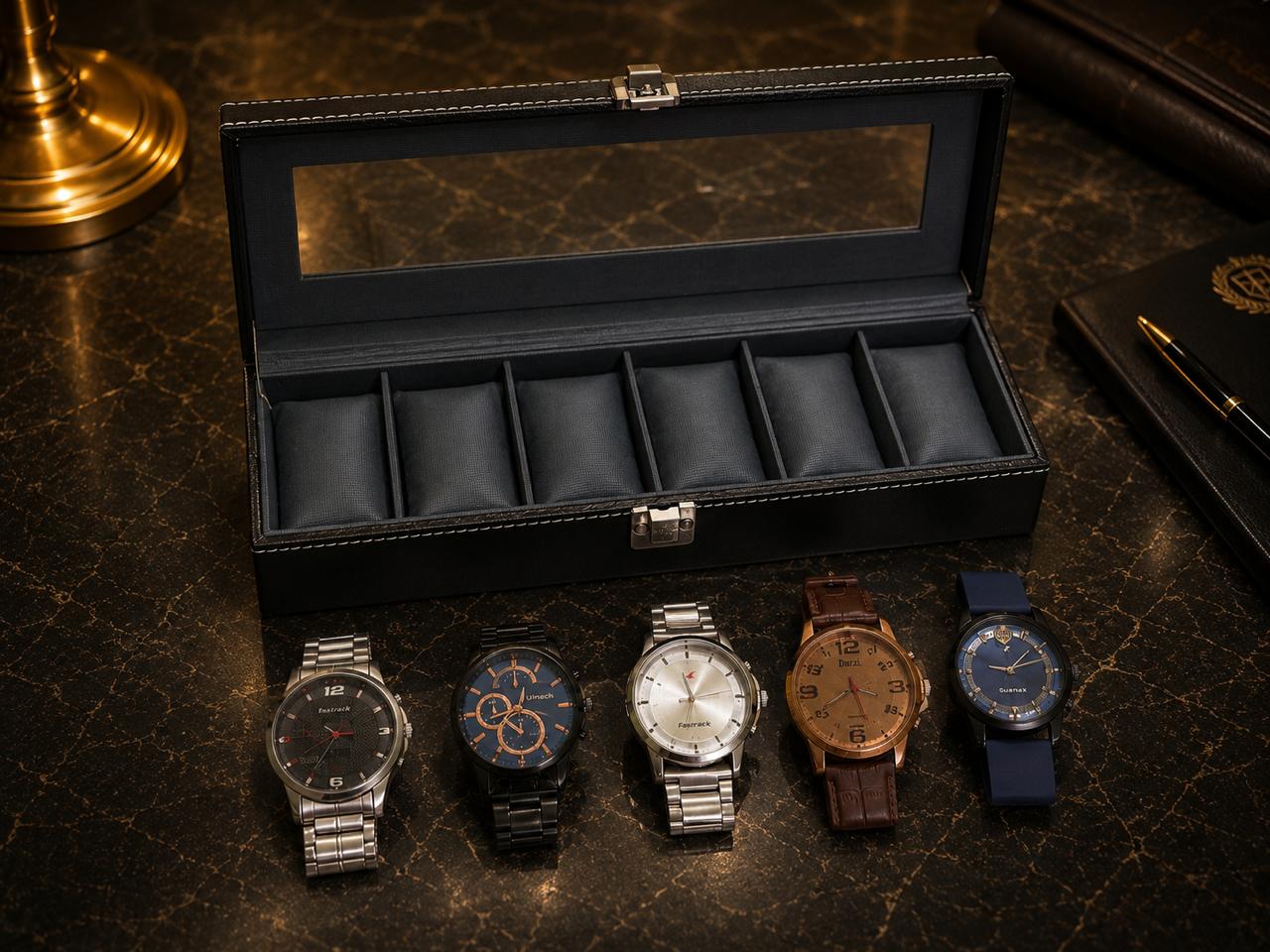 Premium Wooden 6 Slot Watch Box with Glass Lid